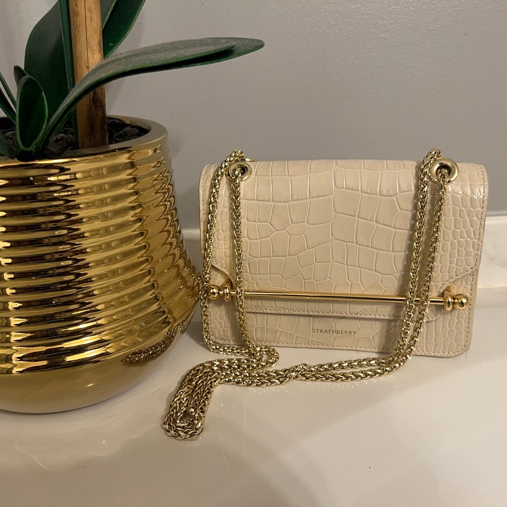 Strathberry Mini East West Leather Shoulder Crossbody Bag in cream